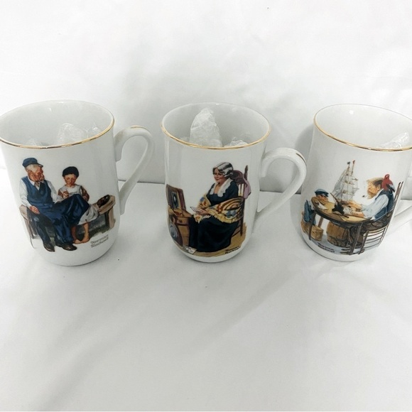 VINTAGE SET Of 5 Norman Rockwell Museum Coffee Mugs Cups White Gold Trim JAPAN - Picture 1 of 15